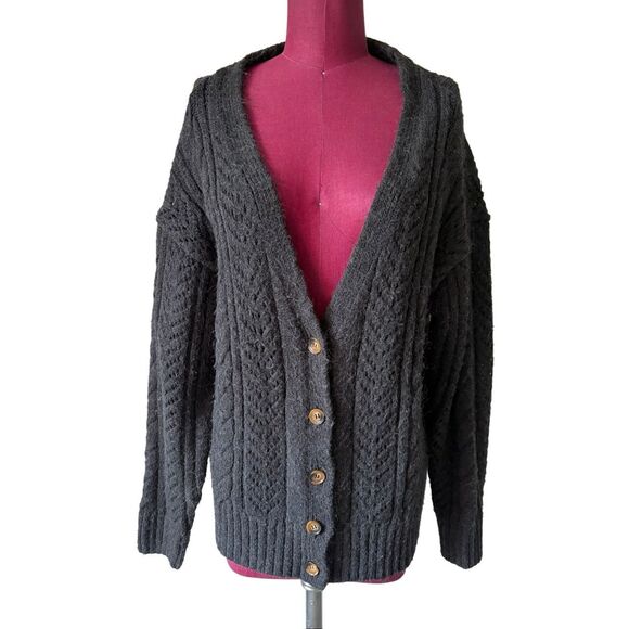 Anthropologie Classic Pointelle Cardigan size Small S Black Cable Knit Button Fr - Picture 4 of 11